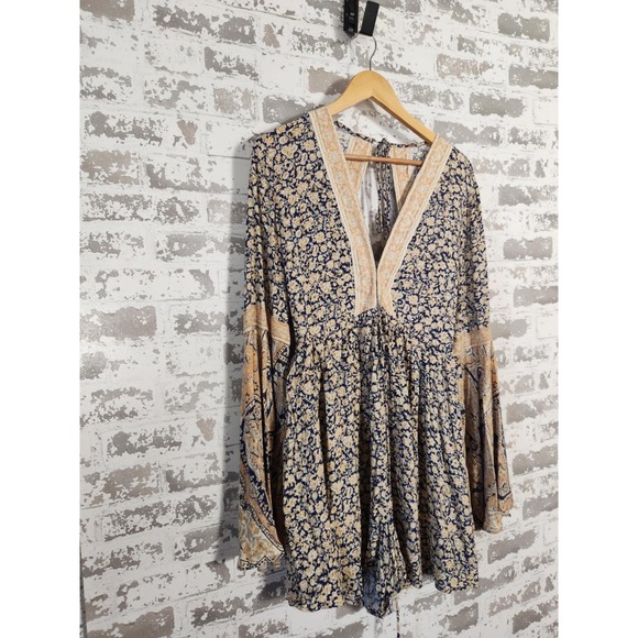 Free People Once Upon a Summertime Romper Medium Blue Beige Flowy Sleeves Cutout - Picture 2 of 16